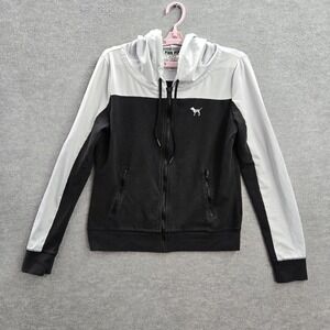 PINK Victoria's Secret Women Hoodie M Black Colorblock Dog Logo Full Zip Pockets